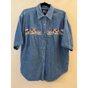 Vintage Quizz Embroidered Denim Button-up Shirt Teddy Bears Sundae Sodas Size 18
